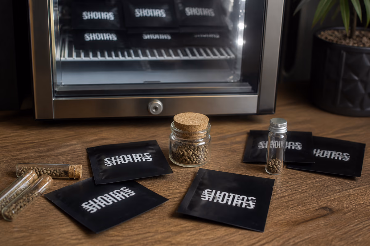 Cannabis seeds in a glass jar, corked vials and black packets in front of a glass-door mini fridge