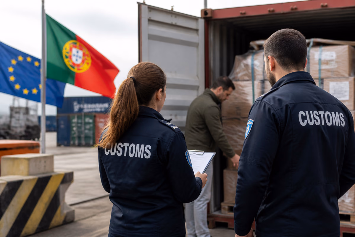 Customs officers watch a man inspect boxes in a shipping container at a port with Portuguese and EU flags