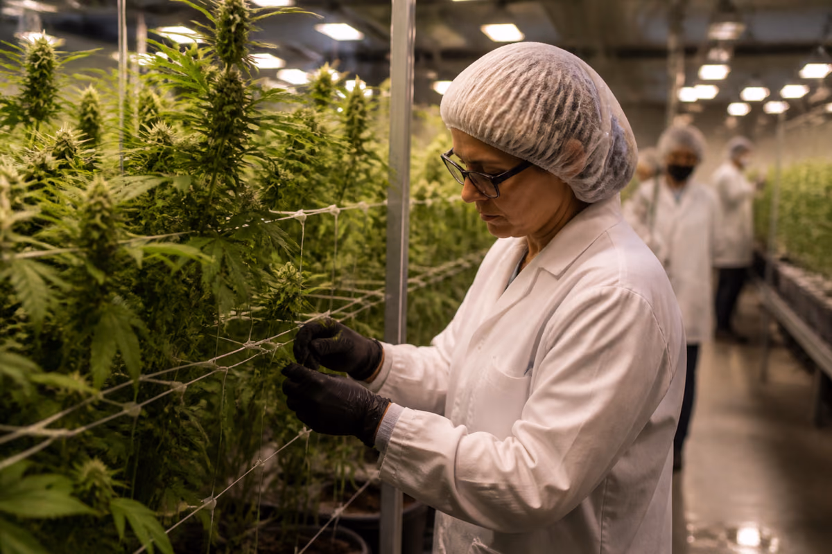 Worker in lab coat and hairnet inspecting cannabis plants in a professional indoor cultivation facility