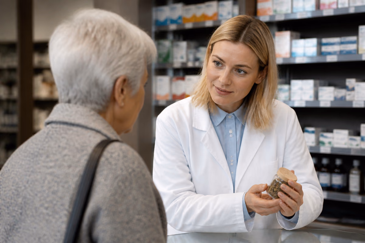 Pharmacist in a white coat showing a jar of dried plant material to an older woman at a pharmacy counter