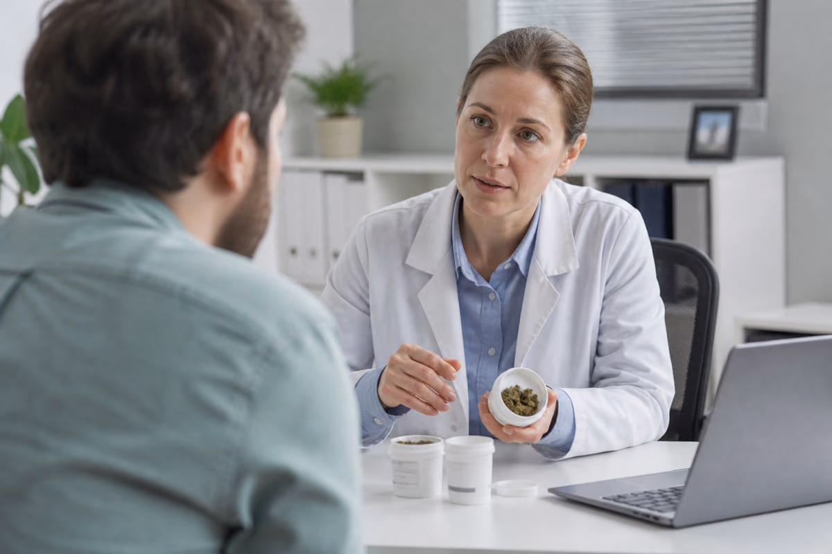 Doctor in a white coat holds a container of cannabis flower while talking to a patient at a desk